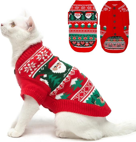 EXPAWLORER Cat Christmas Sweater - Stylish Knitted Christmas Pet Outfit, Soft Clothes for Cats Only, Knitwear Xmas Sweater with Sleeve Warm Apparel, Kitten Clothes for All Cats, Medium