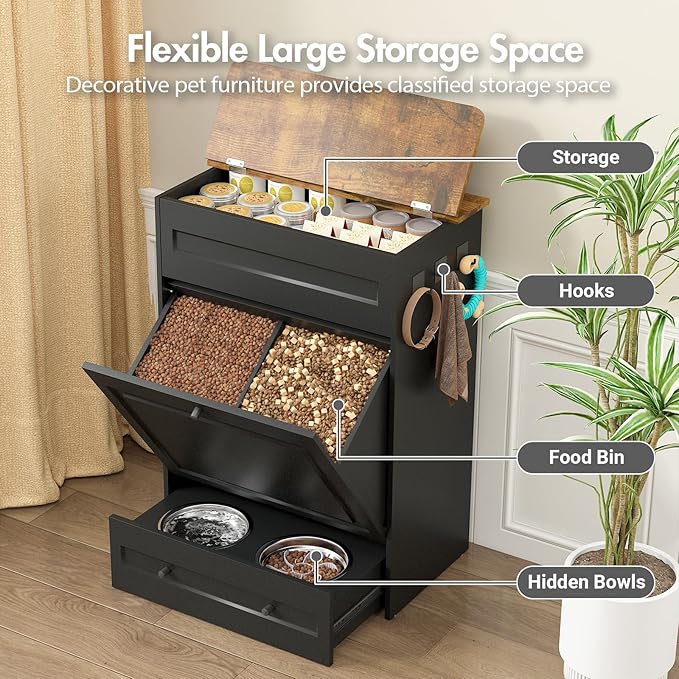 Dog Feeding Station with Storage Cabinet, Hidden Elevated Bowls for Medium & Large Dogs, Dog Food Cabinet Organizer with Hooks for Pet Supplies, Slow Feeder & Stainless Steel Bowls (Black)