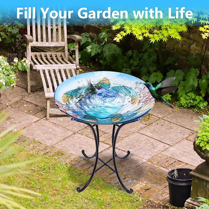 MUMTOP Bird Baths for Outdoors, Sea Turtle Glass Large Bird Bath Bowl with Metal Stand, Bird Feeders for Outside and Garden, Patio,Lawn Decor (Blue)