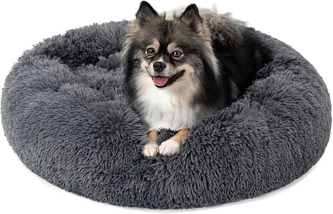 PetAmi Calming Dog Bed for Small Medium Dog Cat, Round Donut Washable, Fluffy Faux Fur Plush Cuddler Pet Kitten Cushion, Anti-Slip, Fits up to 25 lbs, 23 inch, Dark Gray