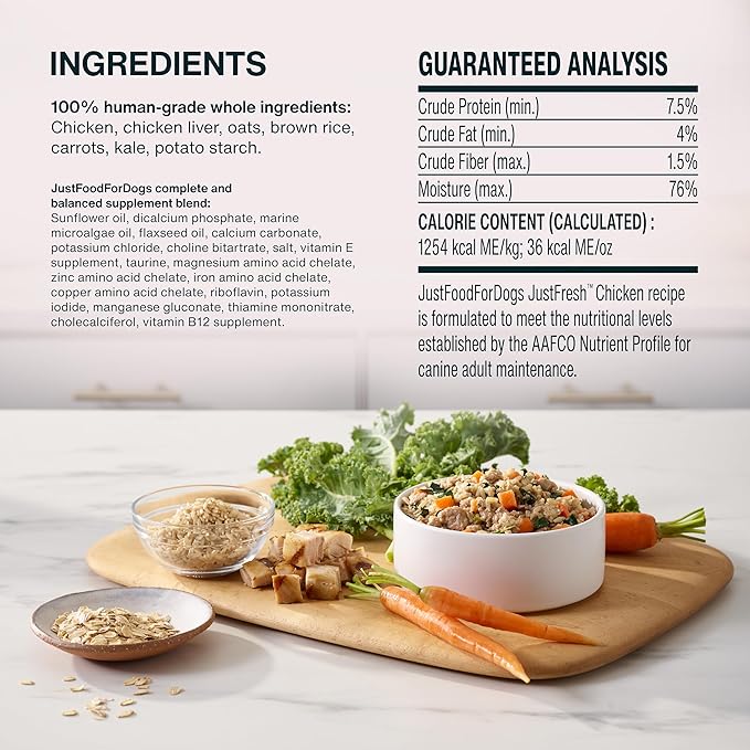 JustFoodForDogs JustFresh Wet Dog Food, Fresh Pet Meals and Toppers with No Preservatives, Resealable Package, Human Grade, Home-Cooked Chicken, 12 oz - 7 Pack