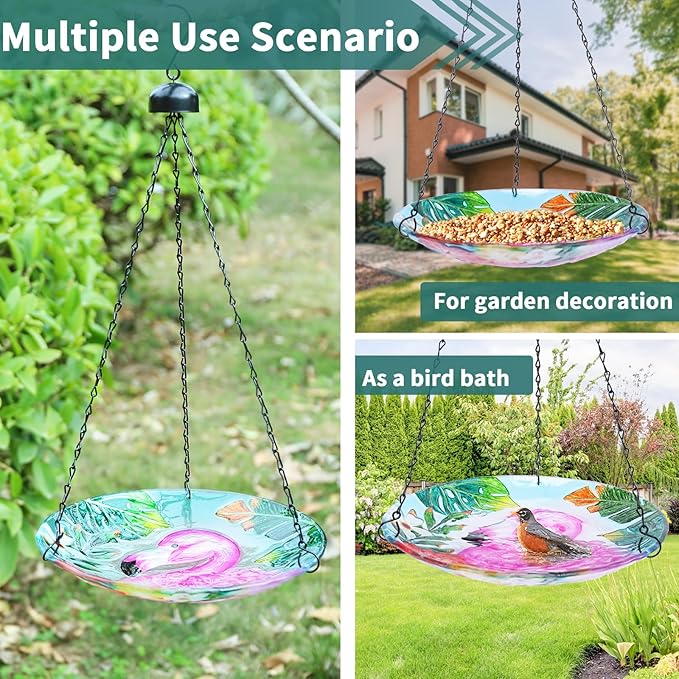 VCUTEKA Glass Hanging Bird Bath for Outdoors, BirdBaths with 21-Inch Rust-Proof Chain, Garden Yard Decor, Flamingo Pattern