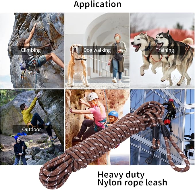 Long Dog Leash for Training 50Ft-Reflective Nylon Rope with Swivel Hook-Recall Agility Lead for Large Small Medium Dogs Outside Walking Hiking-Brown Diam 1/2"