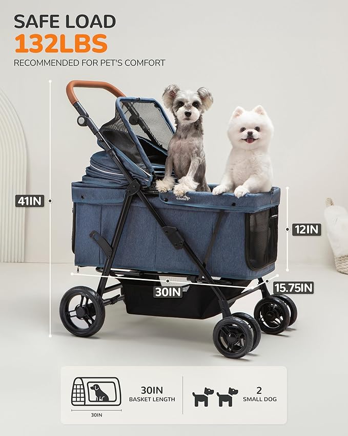 Dog Stroller for Large & Medium Dogs (20–132 lbs), Pet Stroller for 2 Small Dogs, Extra Large Heavy Duty, Foldable & Ventilated, Pink or Navy