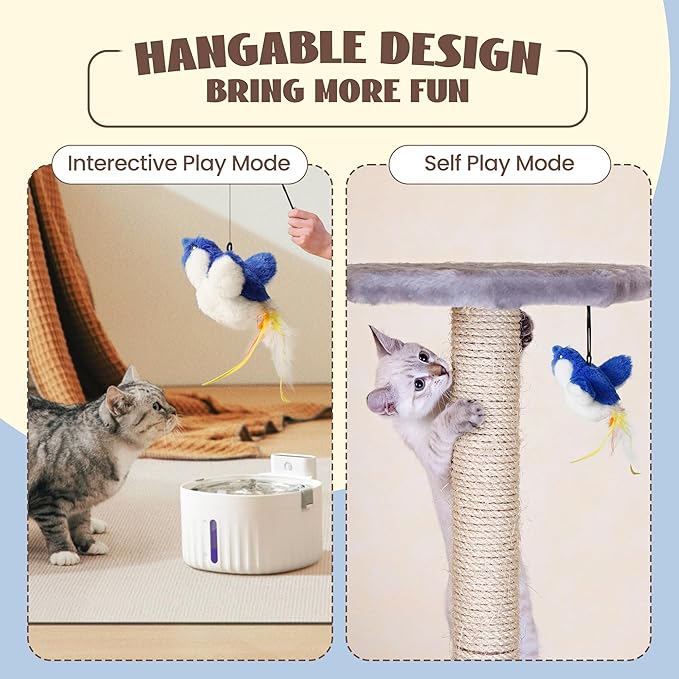 Flapping Bird Cat Toy, Interactive Catnip Kitten Toy with Lifelike Chirping, Rechargeable & Touch Activated for Bored Indoor Adult Cats of All Breeds, Blue