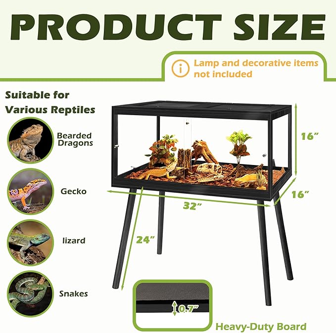 Prolee Bearded Dragon Tank with Leg,Tempered Glass Lizard Tanks and Reptile Enclosure,Up to 78 Gallon Reptile Tank with Metal Mesh and Lockable Door for Spacious Snakes and Chameleon(Black,32inch)