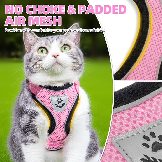 PUPTECK Cat Harness and Leash Set Escape Proof Reflective Cat Walking Harness Adjustable Soft Breathable Mesh Vest for Small Pets, Light Pink, M