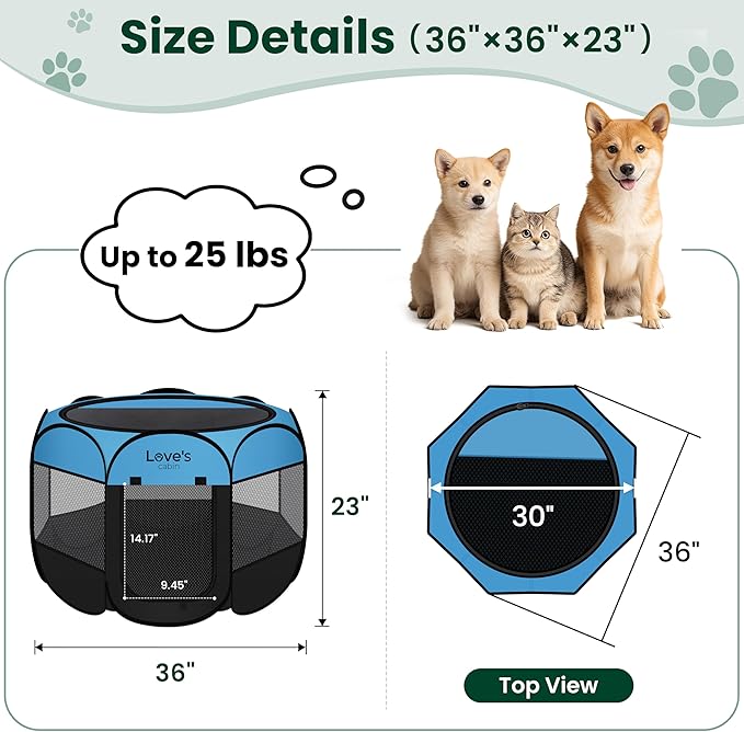 Love's cabin Pet Puppy Dog Playpen, Medium Dog Tent Crates Cage Indoor/Outdoor, Portable Playpen for Cat, Foldable Pop Up Dog Kennel Playpen with Carring Case, Removable Zipper Top, Blue
