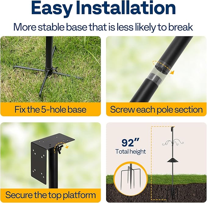 VIVOHOME 92 Inch Bird Feeder Pole with Squirrel Baffle and 4 Hooks, Outdoor Bird House Pole Mount Kit with 5 Prong, Heavy Duty Adjustable Bird Feeder Stand
