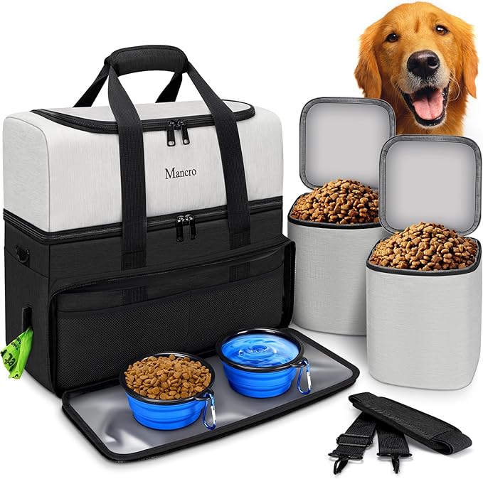 Mancro Dual Layers Dog Travel Bag, Pet Travel Bag with 2 Extra Large Food Containers, 2 Collapsible Dog Bowls, Multi-Pockets Tote Organizer for Pet Essentials for Dogs, Black