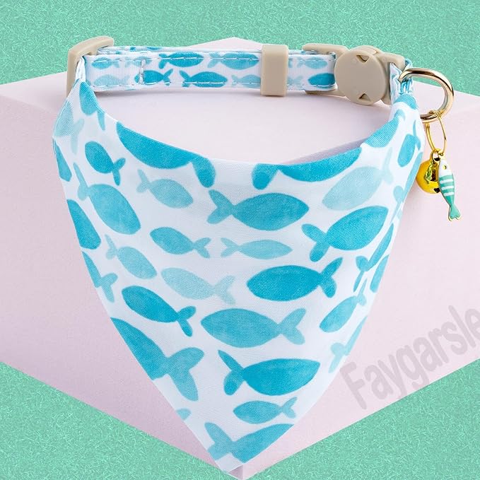 Faygarsle 2 Pack Fish Pattern Cat Collar Set with Bow Tie and Bandana, Light Blue and White, Breakaway Safety Collar with Bell