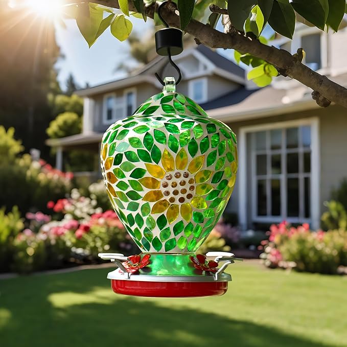 VOREEN Glass Mosaic Hummingbird Feeders, 34OZ with Ant Moat & 4 Feeding Ports, Hand Blown Glass Outdoor Hanging Bird Feeder, Porch Garden Backyard Decor, Gift for Mom Wife Friend, Sunflower Design