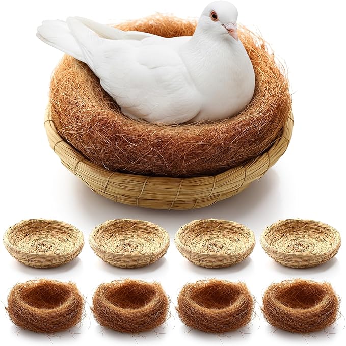 4 Set Bird Nest with Coconut Fiber Mats Set Hand-Woven Flat Base Pigeon Birdhouse Breeding Nest Small Animal Cage Accessories for Parrots Budgies Cockatiels Hamsters Gerbils and Pigs