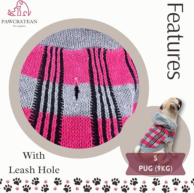 Cute Sweater for Dogs and Cats Soft Flannel Pet Outfit Warm and Cozy Animal Hoodie Small to Large Pet Clothes for Halloween Parties and Everyday Wear (Large, Pink Checkered with Hat)