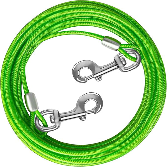 Dog Tie Out Cable 10/15/20/25/30 FT Runner for Yard Steel Wire Cable with Durable Superior Clips Green Chains for Outside Dog Lead for Large Up to 165 Lbs