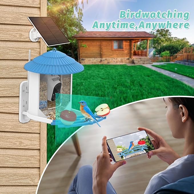 Smart Bird Feeder with Camera, Solar Powered Birds Watching Camera, 2K Night Vsion, AI Identify, Auto Capture & Live Video Watch Birds, Built-in TF, Ideal Gift for Outdoor Bird Watching Lover