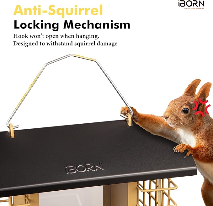 iBorn Bird Feeders for Outdoors,Bird Feeder with Double Suet Holders,Suet Feeder for Outside Hanging,Large Weatherproof Metal Roof,3.2 LBs Seeds Capacity + 2X Cakes,Easy to Refill & Clean,1 Pack,Black