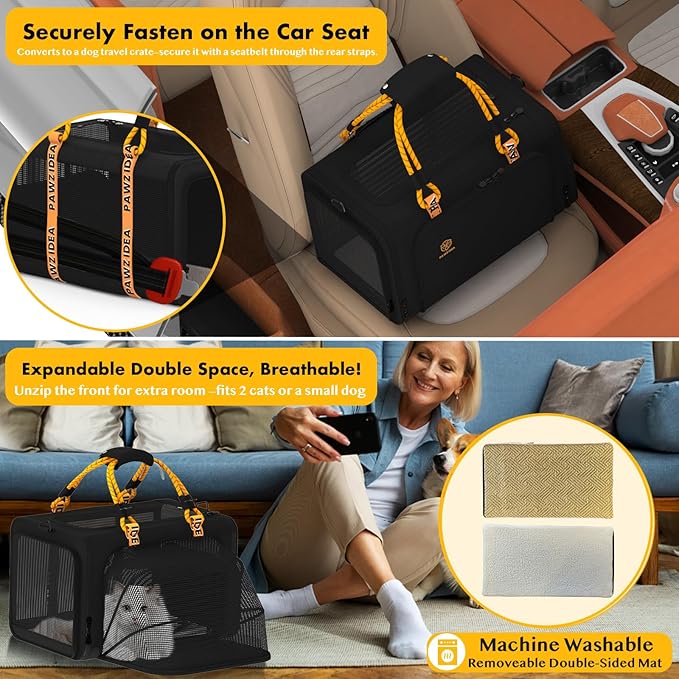 PAWZIDEA Expandable Pet Carrier Airline Approved, 18"×11"×11" Small Dog Carriers, Collapsible Top-Load Cat Carrier for 2 Cats Under Seat, Soft-Sided Puppy & Animal Travel Bag, ID Card, Up to 15lbs