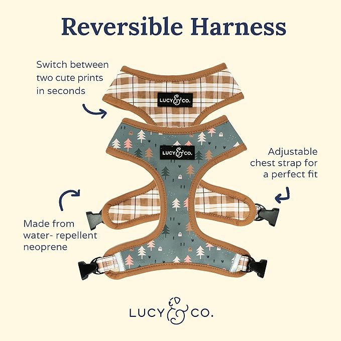 Lucy & Co. Cute Reversible Dog Harness Walking Halter - Best Designer Pet Harnesses for XS - XL Dogs - Padded Adjustable Vest for Easy Walking (Medium, Neutral Brown Plaid with Blue Trees)