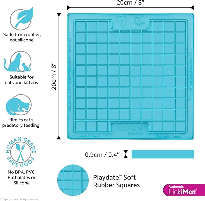 LickiMat Classic Playdate, Cat Slow Feeder Lick Mat, Boredom Anxiety Reducer; Perfect for Food, Treats, Yogurt, or Peanut Butter. Fun Alternative to a Slow Feed Cat Bowl or Dish, Turquoise