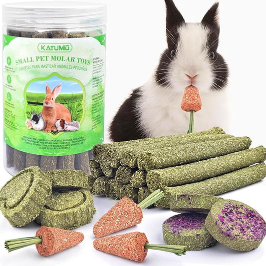 KATUMO 24PCS Rabbit Chew Treats, Healthy Bunny Treats Natural Timothy Hay Sticks Rabbit Small Animal Chew Toys