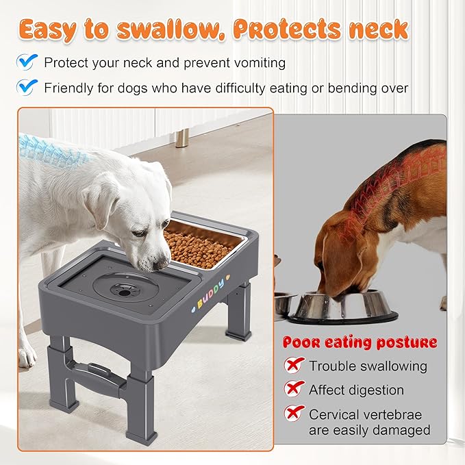 Decflow 2-in-1 Elevated Dog Bowls, 4 Height Adjustable Raised Dog Bowls with Stainless Steel & No Spill Water Bowl, DIY Stickers Foldable Pet Bowl for Medium Large Dogs(Not Included Slow Food Bowl)