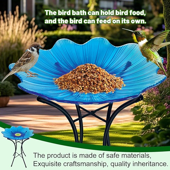 HONGLAND Glass Birdbath with Metal Stand Outside Yard Garden Decor, 15" Diameter Detachable Glass Bird Baths Bowl for Outdoors, 21 inch Height (Blue Flower)