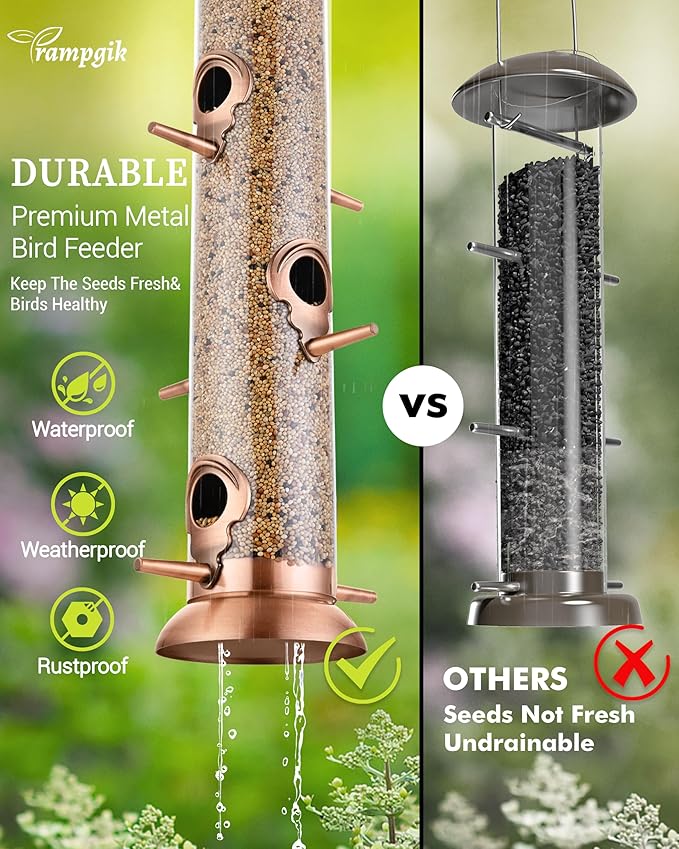Bird Feeders for Outdoors,15 Inch 6 Ports Squirrel Proof Bird Feefers,Finch Feeder for Outside,Chew-Proof Metal Hanging Bird Feeder,Rust-Proof,Easy to Refill & Clean,Copper,Pack of 1