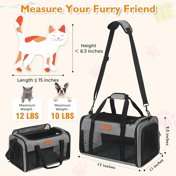 PETUX TSA Approved Pet Carrier in Cabin, 17"x11"x9.5" Soft Cat Carriers for Small Cat up to 12 lb and Puppy up to 10 lb, Top Open Portable Pet Carrier Airline Approved for Travel and Vet Visit (Grey)