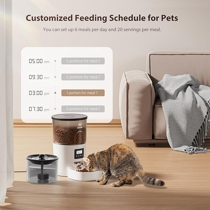 IMIPAW Automatic Cat Feeder and Water Fountain, Timed Dry Food Dispenser, Programmable Portion Control, 1-6 Meals Per Day, Desiccant Bag, Cat Fountains for Drinking with Filter, Small Pets (3L Combo)