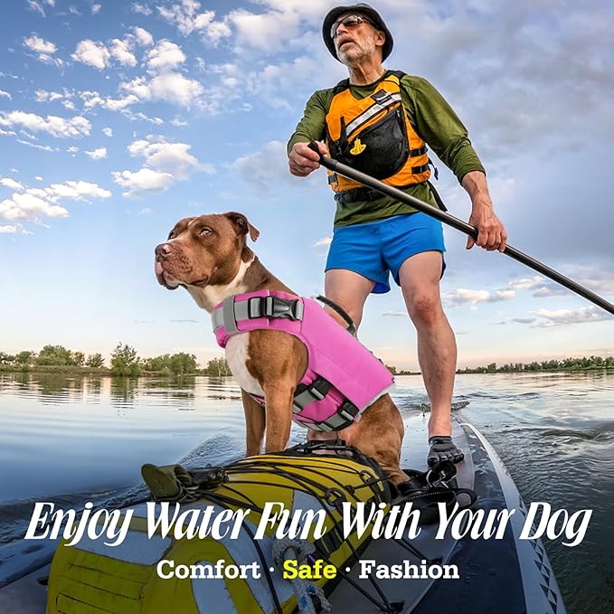 Pawaboo Dog Life Jacket, Reflective Dog Safety Vest Adjustable Pet Life Preserver with Strong Buoyancy & Sturdy Rescue Handle, Ripstop Dog Lifesaver Vests for Swimming, Boating, L, Pink
