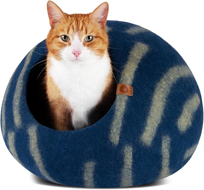 MEOWFIA Cat Cave – Premium Felt Cat Bed for Indoor Cats, Handmade 100% Merino Wool (Medium, Deep Azure)