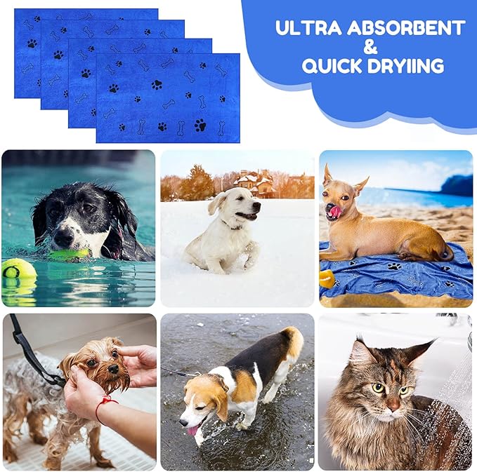 Chumia 4 Pcs Dog Towels for Drying Dog Puppy Bulk Microfiber Absorbent Paw Towel Pet Bathing Supplies Quick Drying for Medium Cats Pets Shower(24 x 40 Inch,Dark Blue)