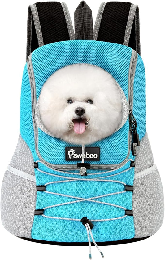 Pawaboo Pet Dog Carrier Backpack, Puppy Dog Travel Front Carrier for Small Medium Dogs Cats, Adjustable Breathable Dog Carrying Backpack with Safety Strips for Hiking, Walking (Blue L Up to 14 lbs)