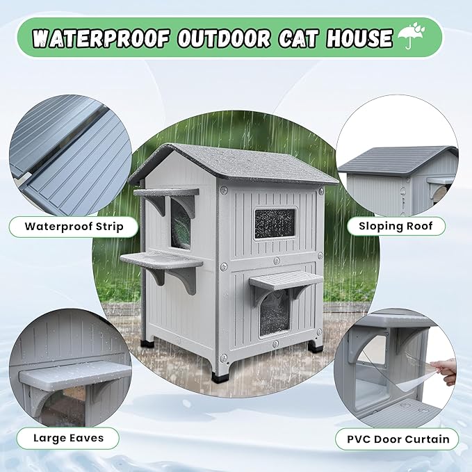 Insulated Outdoor Cat Houses - Waterproof 2 Story Cat House for Outside with Escape Door for Winter，Elevated Outdoor Cat House for Feral Stray Barn Cat Kitty