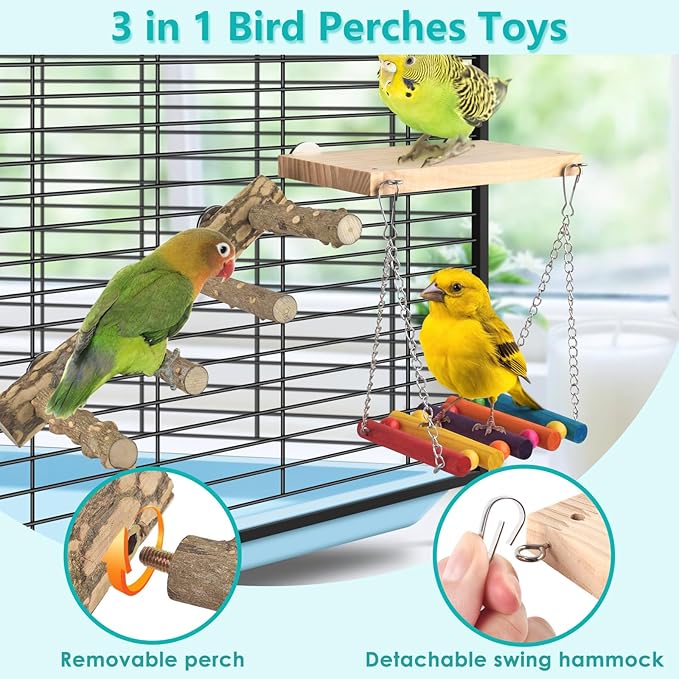 3in1 Bird Chewing Toys for Small Animal, Wooden Ladder Perch for Cage, Parrot Platform Colourful Swing Hammock Bridge Climbing Exercise Cage Accessories for Budgies Cockatiels Lovebirds Hamster