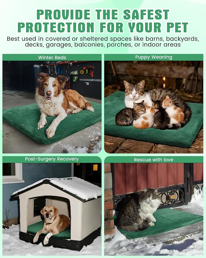 PETNF Outdoor Pet Heating Pad for Cats & Dogs, 100.4-107.6°F Auto Temp Control, Waterproof Fireproof, for Cat House/Dog Kennel/Terrace, Fits Domestic & Stray Pets (Green 15.7"X19.7")