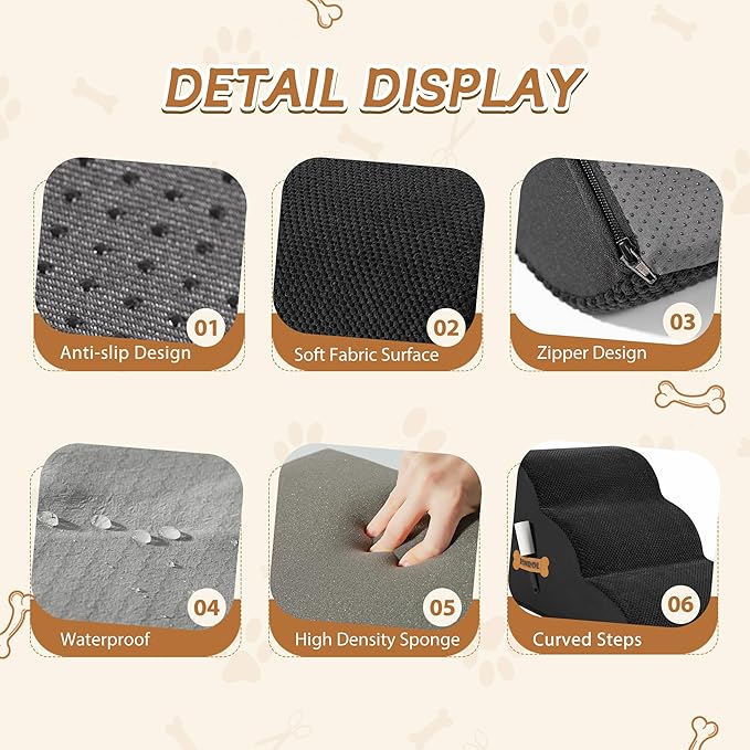 Dog Stairs, Romrol Dog Steps Ramp for High Bed and Couch, Dogs Ramp with Durable Non-Slip Waterproof Fabric Cover, Pet Stairs for Small Dogs and Cats or Pets Joints, 4-TiersBlack