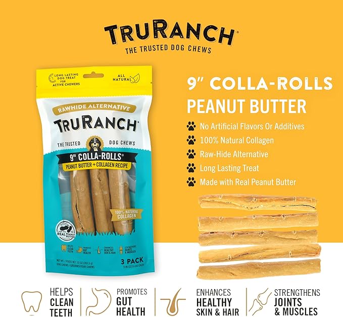 Collagen Rolls - 9" Collagen Rolls for Dogs - Long Lasting Healthy Joint Support Dog Treat - Rawhide Alternative - Skin & Coat Health - Made with Real Peanut Butter, 1 Bag, 3 Count