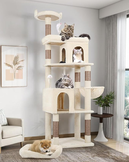 Globlazer Heavy Duty Cat Trees for Large Cats, Sturdy 72in Maine Coon Cat Tree for Large Cat 20 lbs+ Heavy Duty Cat Tower for Adult Biggest Cats with 6 Scratching Posts, Hammock, S72, Beige