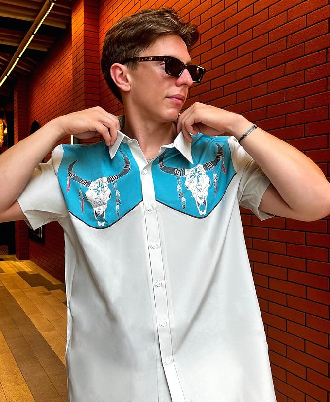 Men’s Hawaiian Shirt Western Cowboy Symmetrical Print Short Sleeve Button Down Casual Beach Holiday Summer Shirt