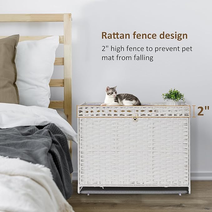 Cat Litter Box Enclosure with Soft Litter Mat; Hidden Cat Washroom Furniture with Door; Handwoven Rattan Cat House with Large Space; Pet Crate for Living Room, Bedroom, Balcony (White)