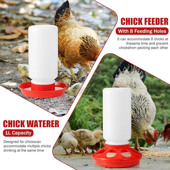 7PCS Chick Feeder and Waterer Kit with Wooden Perch,Baby Poultry Starter Set with Chick Perch for Small Poultry Chicks Ducks Quail Pigeons Birds(Red Chick Feeder Waterer Kit)