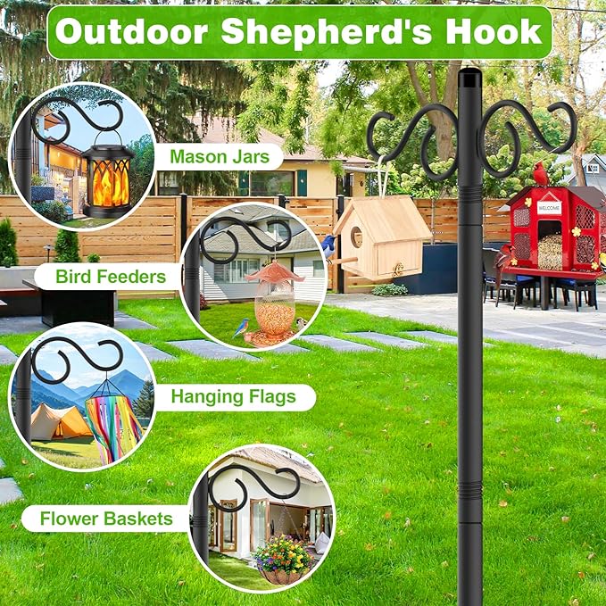 Double Shepherds Hooks for Outdoor,2 Pack 55 Inch Bird Feeder Pole with 5 Prongs Base,Heavy Duty Shepherds Hook,Suitable for Garden in Hanging Flower Basket,Lantern,Bird Nests (2 Pack 55 inch)