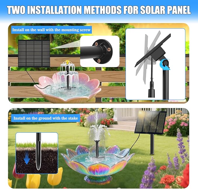 Solar Water Fountain for Bird Bath Upgrade Solar Panel Adjustable Flow Water Fountain 2W 7V Solar Powered Water Pump for Water Feature Small Pond