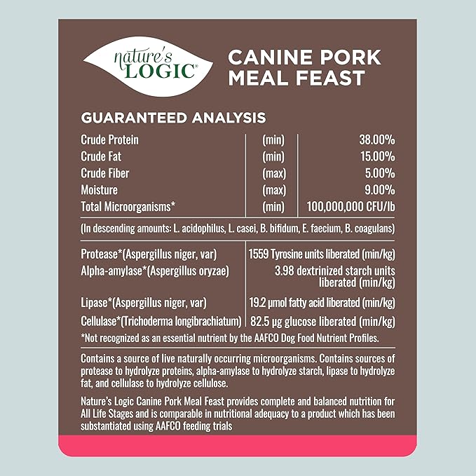 NATURE'S LOGIC Dry Dog Food - 100% Natural - No Synthetics - for All Ages, Sizes, Breeds - Free from Common Allergens, High Protein - Pork Meal Feast, 25lbs