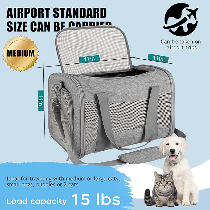 Cat Carrier, Soft-Sided Airline Approved Pet Carrier Case with 4 Ventilated Windows for Cats and Dogs Under 10-25Lbs (17.0 L x 11.0 W x 11.0 H Inch, Grey)