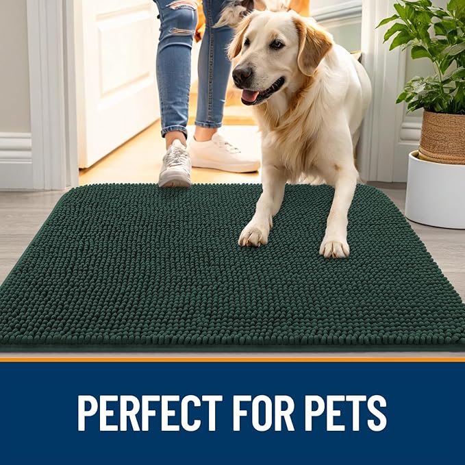 OLANLY Dog Door Mat for Muddy Paws 70x32, Absorbs Moisture and Dirt, Absorbent Non-Slip Washable Doormat, Quick Dry Chenille Mud Mat, Entry Indoor Entryway Carpet for Inside Floor, Blackish Green