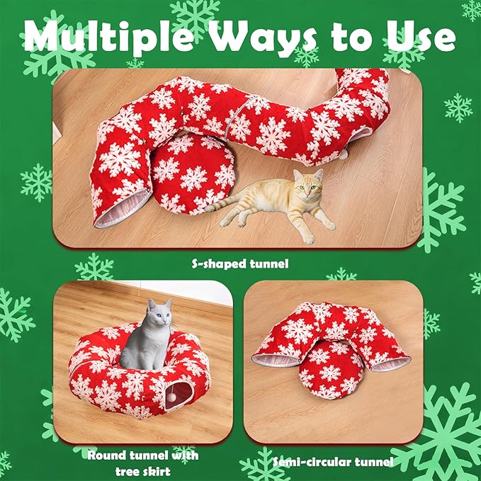 Cat Tunnel Christmas Tree Skirt,Christmas Tree Cat Tunnel for Indoor Cats,Cat Tunnels Tree Skirt,Soft Peekaboo Hideway Bed Cave Donut Toys Circle Tunnels for Kittens & Large Cats (Red)