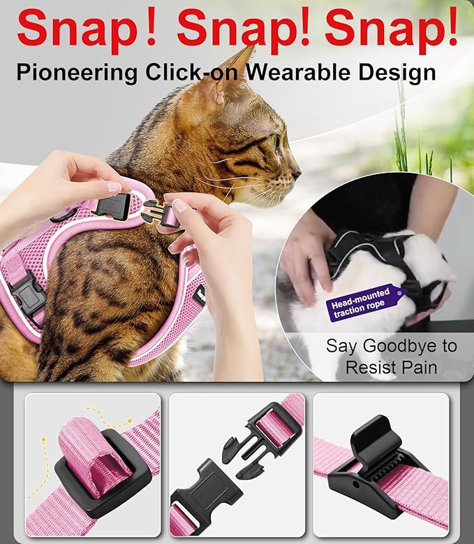 Cat Harness and Leash for Walking Escape Proof Soft Adjustable Cat Leash Breathable Comfortable Vest Easy to Wear Kitten Harness for Outdoor Travel Pink M